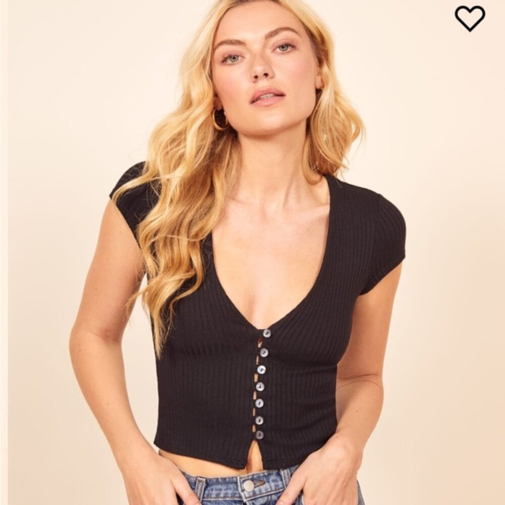 Reformation Nella Button Front Ribbed Top V-Neck Short Sleeve Black Size X-Small